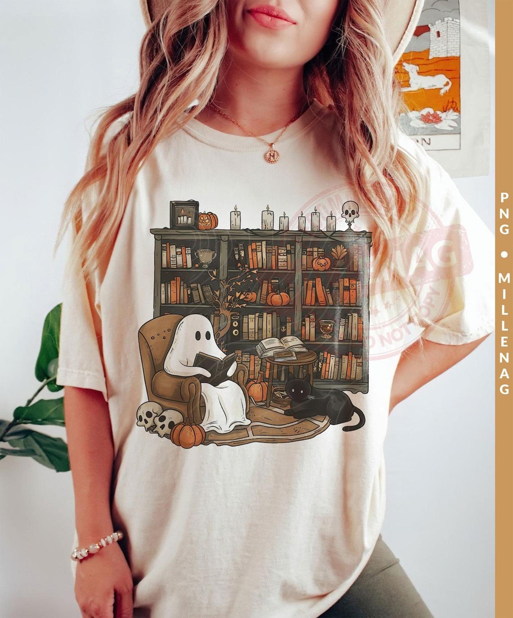 Ghost Reading Book Shirt Halloween Bookshelf Shirt Ghostly Bookish Shirt Black Cat and Book Shirt Cute Ghost Book Shirt Book Lover Halloween Shirt