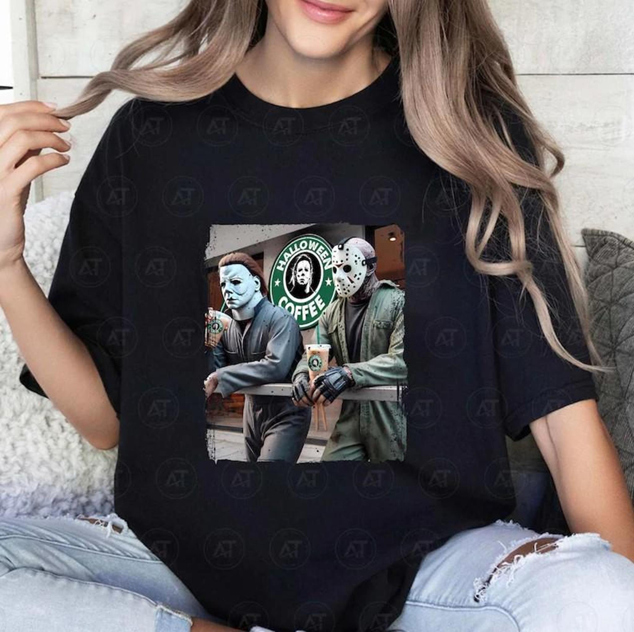 Scary Movie Horror Halloween Graphic Tee Halloween Coffee Shirt Halloween T-Shirt Retro Halloween Horror Friends