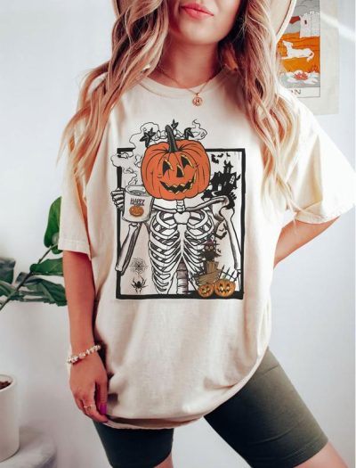 Skeleton pumpkin shirt, skeleton halloween coffee shirt, skeleton pumpkin halloween sweatshirt 1