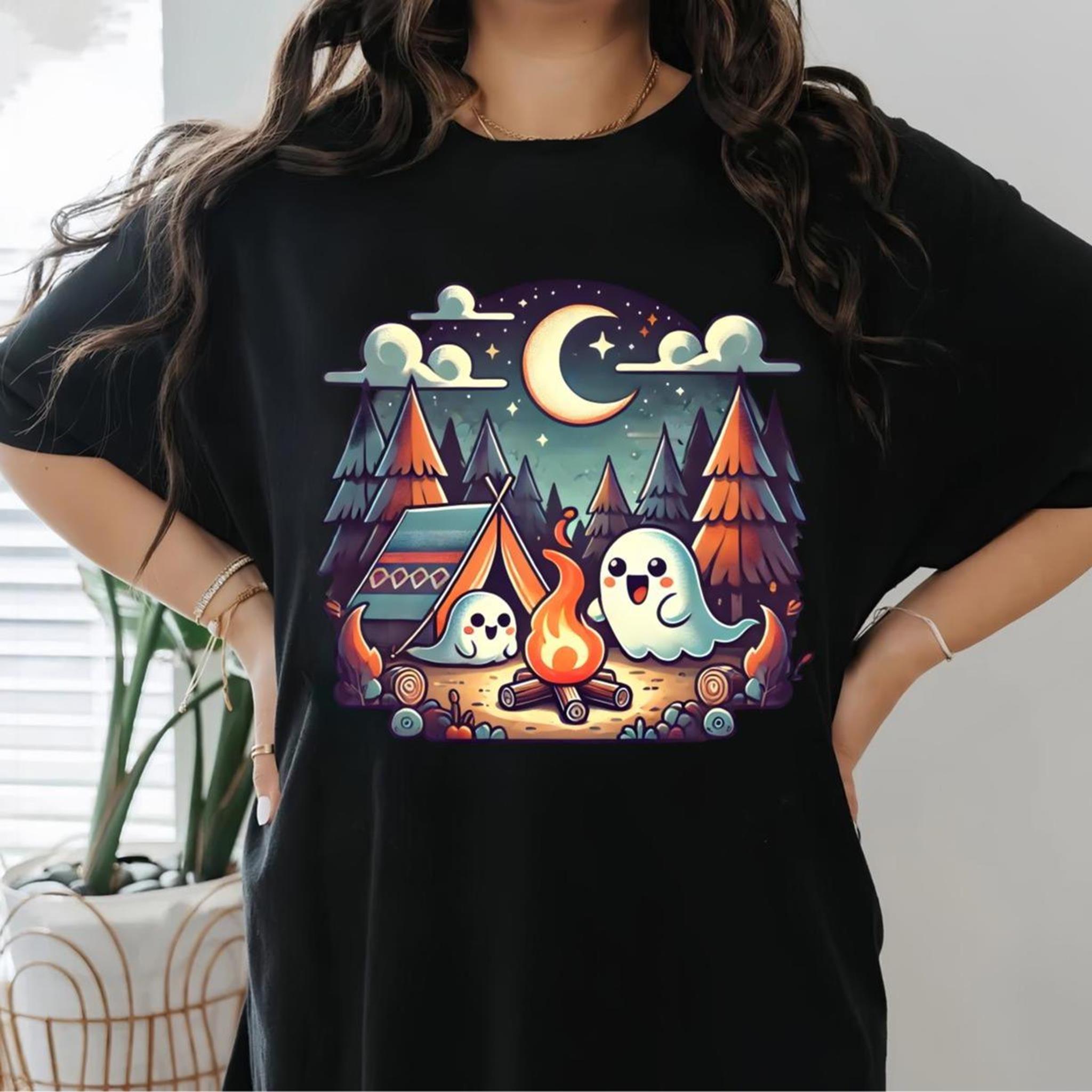 Camping With Boo Halloween Tshirt Womens Comfort Colors Spooky Fashion Top Womenswear