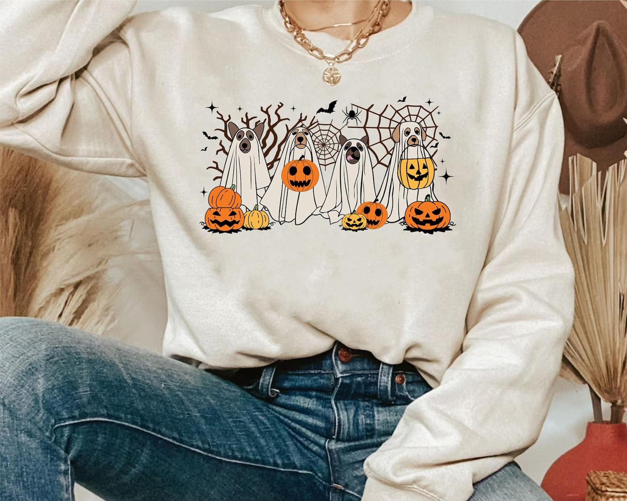 Halloween Cute Dog Sweatshirt Ghost Dog Halloween T-Shirt Retro Ghost Dog Sweater Ghost