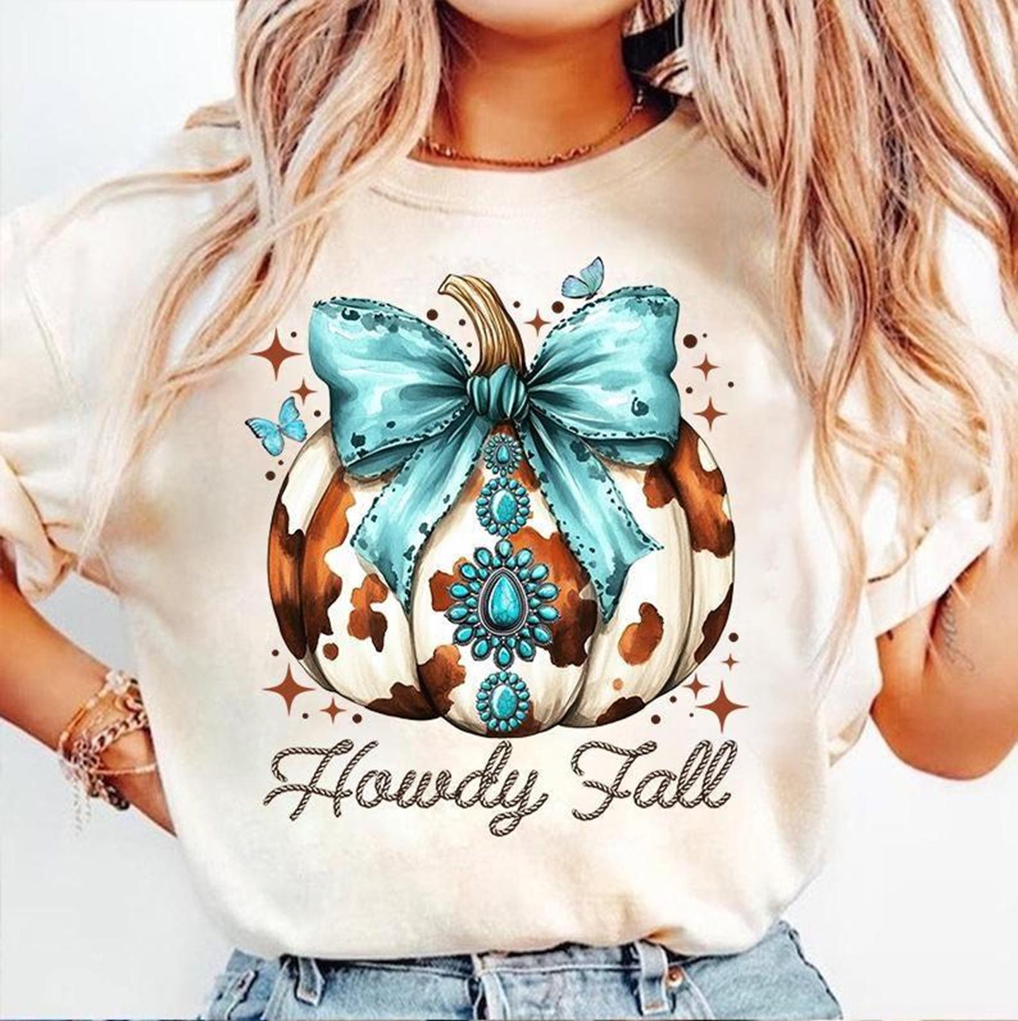 Howdy Fall Western Pumpkin Shirt Fall Cowhide Pumpkin Fall Sweatshirt Western Pumpkin Unisex Cotton Crewneck