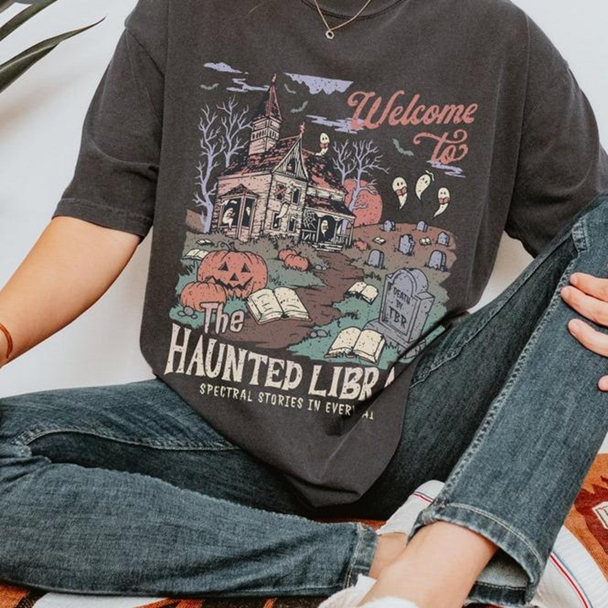 Hunted Library T-Shirt for Book Lover Funny Halloween Librarian Graphic Tee Bookish Spooky Crewneck Reading Ghost T-Shirt