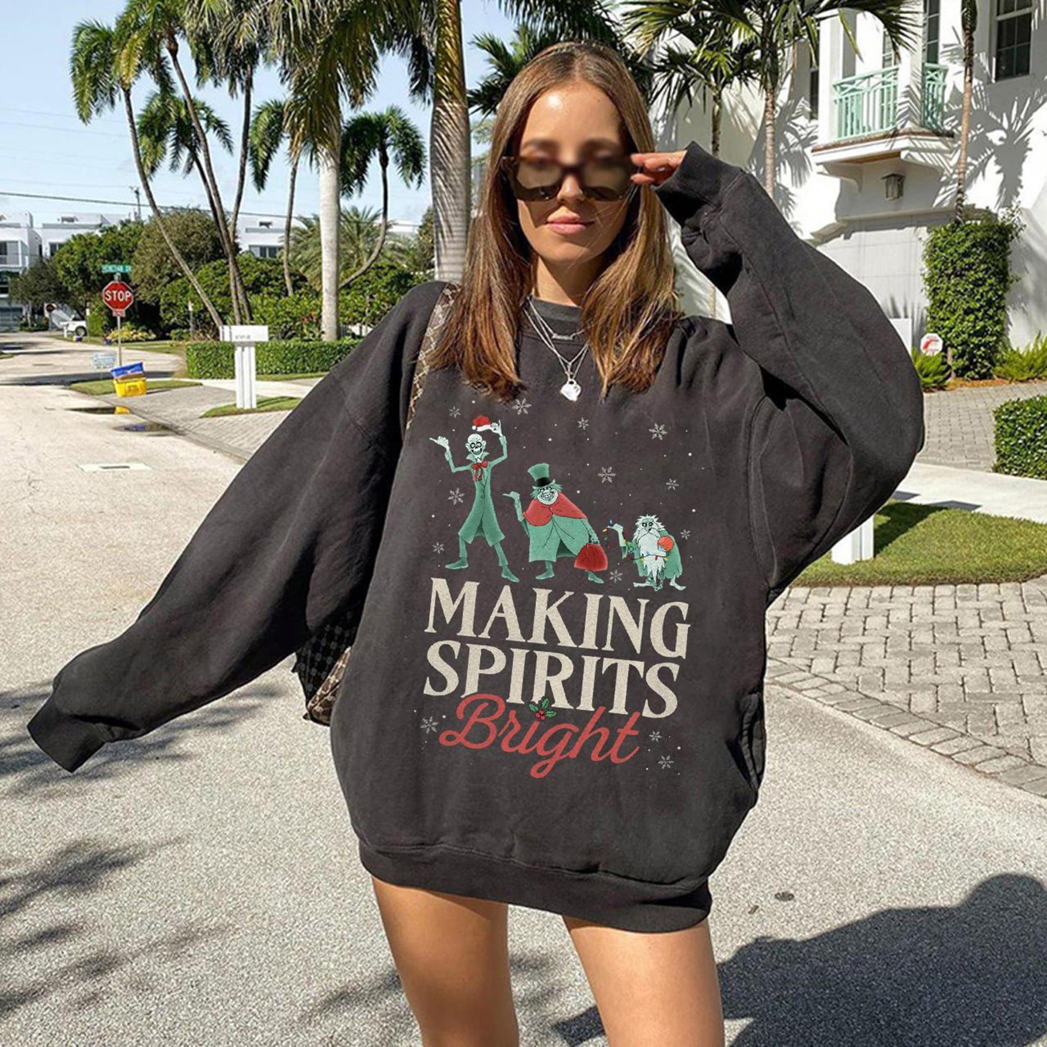 Making Spirits Bright Comfort Colors Shirt Retro Christmas T-Shirt Hitchhiking Ghosts Shirt Haunted Mansion Sweatshirt Making Spirits Bright Sweatshirt