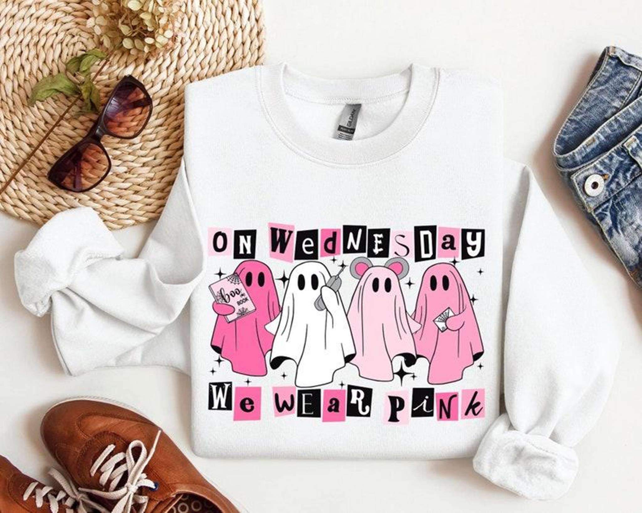 On Wednesday We Wear Pink Halloween Sweatshirt Cute Pink Ghost T-Shirt Mean Girls Halloween Tee Boo Book Halloween Sweater